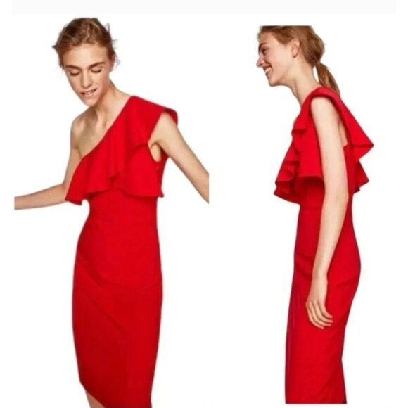 Zara One Shoulder Candy Apple Red Ruffled Pencil Dress Midi Length Holiday Sz M - Picture 1 of 13